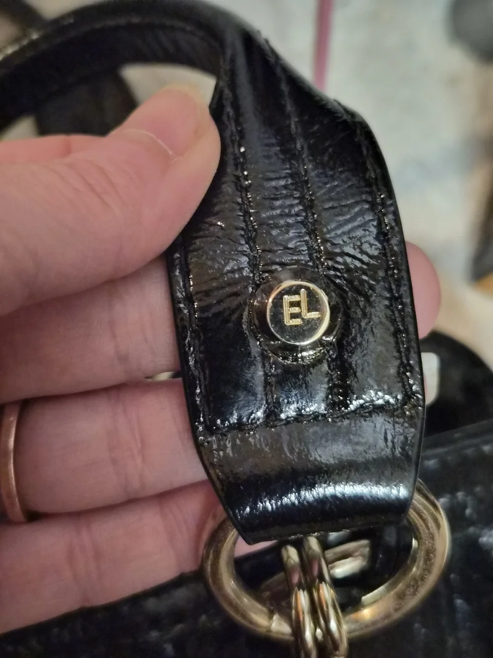 Elliott Lucca Black Patent Leather Satchel Shoulder Bag Gold Hardware EUC